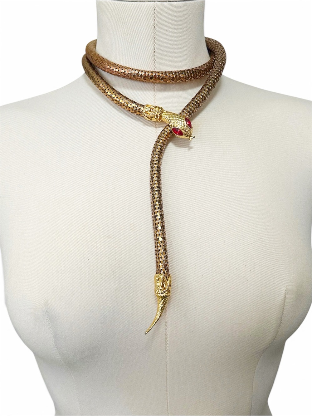 Vintage DL Auld Gold-Tone Snake Lariat Necklace Belt with Red Stone Eyes